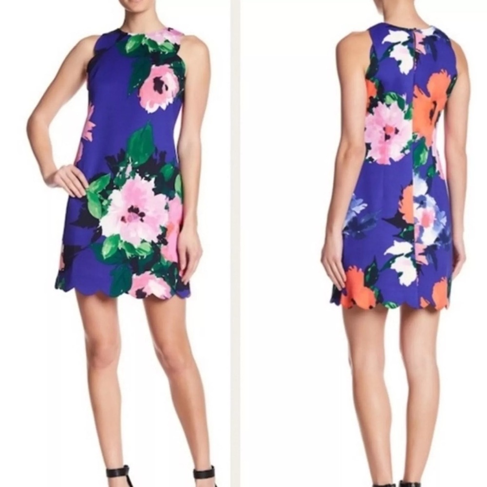 Vince Camuto Size 8 Blue Scalloped Hem Floral Mini Dress Sleeveless EUC